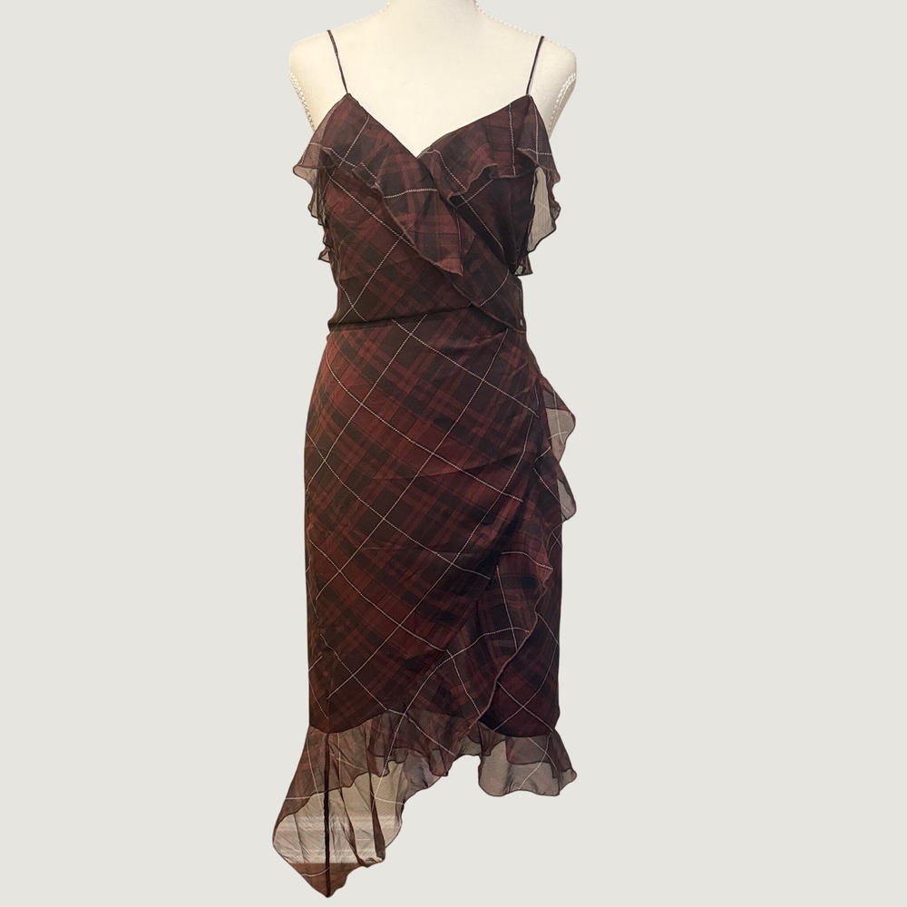 Beivy Midi Dress Womens Size M Dark Academia Grunge Plaid Ruffle Wrap Burgundy